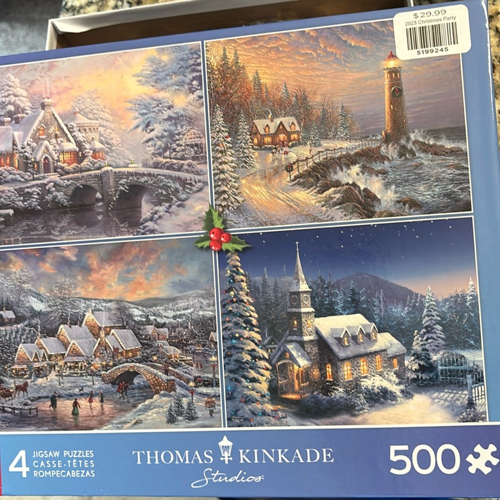 Thomas Kinkade four in one winter puzzles, 500 pieces each
